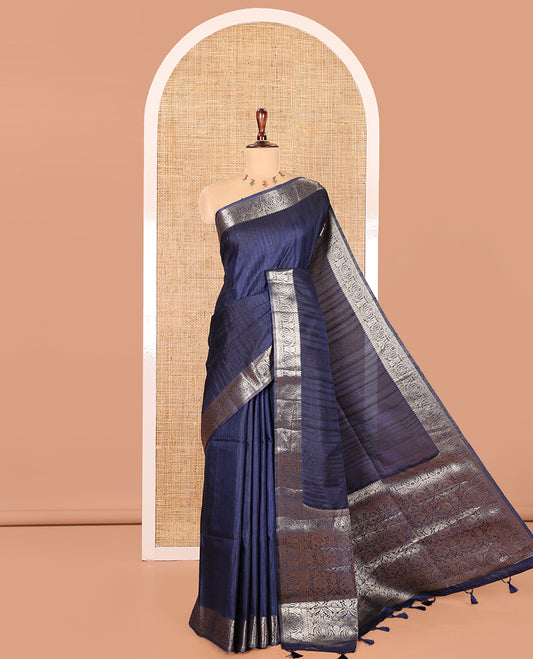 Navy Fancy Tussar Saree, Intricate Border, Grand Pallu, a Printed Blouse, Matching Brocade Blouse