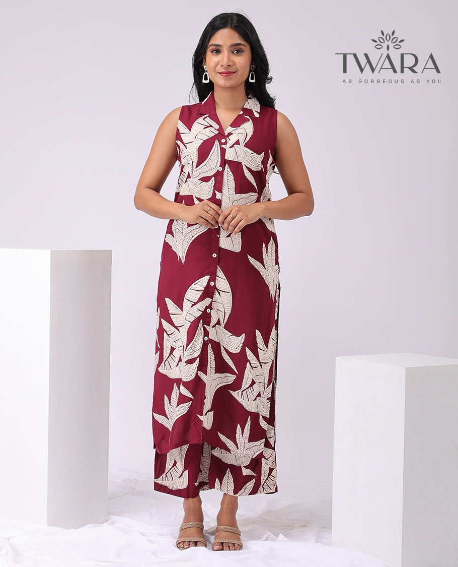 Twara Maroon banana leaf print sleeveless button down knee lenght kurti with palazzo pants