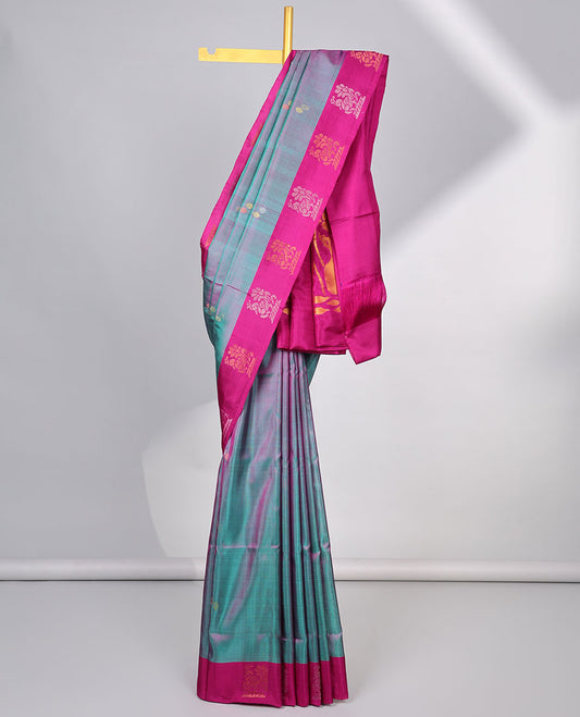 Green  floral buttas uppada silk saree with contrast peacocok buttas border & intricate zari design pallu