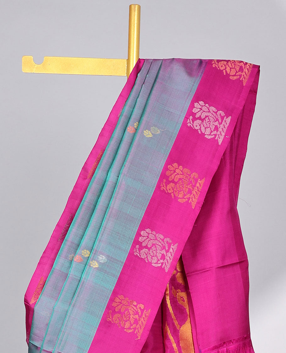 Green  floral buttas uppada silk saree with contrast peacocok buttas border & intricate zari design pallu