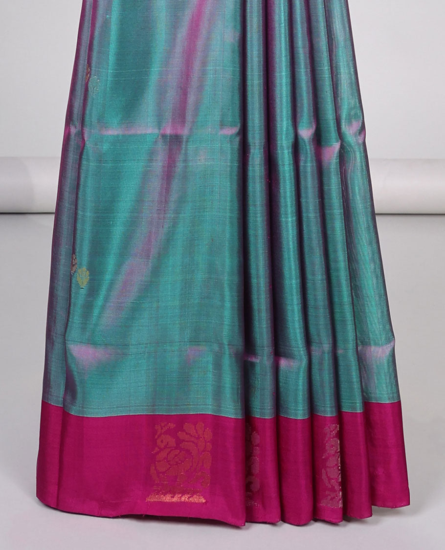 Green  floral buttas uppada silk saree with contrast peacocok buttas border & intricate zari design pallu