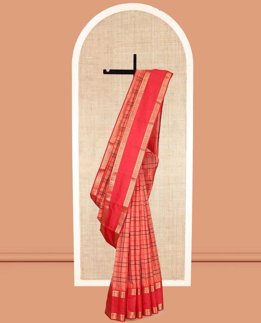 Orange Checked Vasundhara Lite Silk Mix Saree, a Contrast Rettai Pettu Traditional Zari Border, Grand Pallu, and a Contrast Blouse