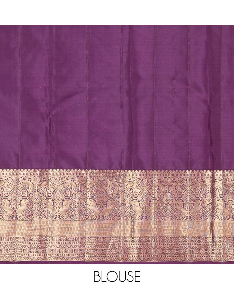 Peach buttas silk saree with contrast border of thilakam, mokku, muthu, banaras design & argyle design pallu