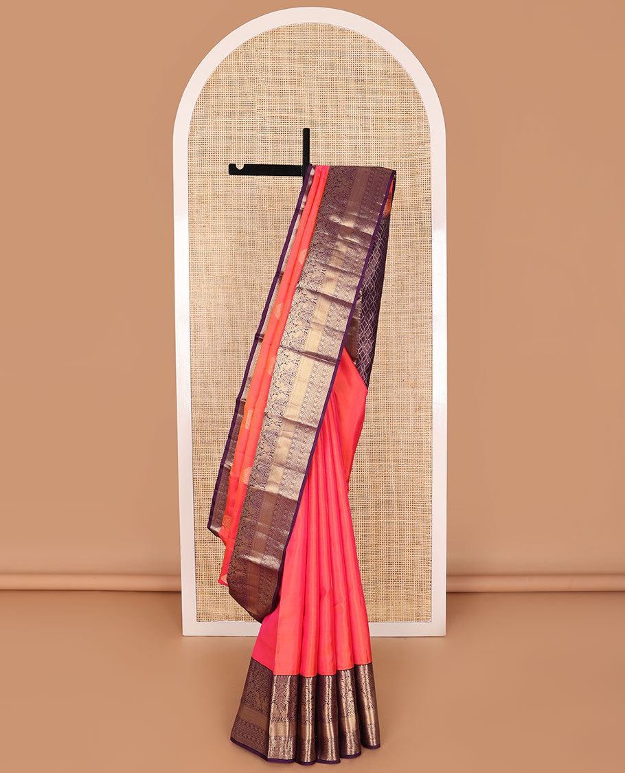 Peach buttas silk saree with contrast border of thilakam, mokku, muthu, banaras design & argyle design pallu