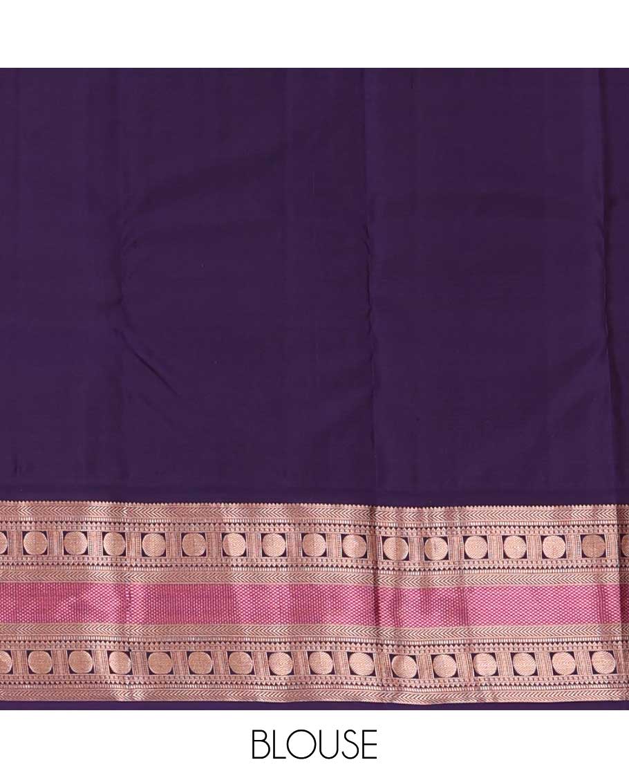 Yellow zari buttas silk saree, contrast border of thilakam,kathir, rudraksham, and mayil kann, and jaal pallu