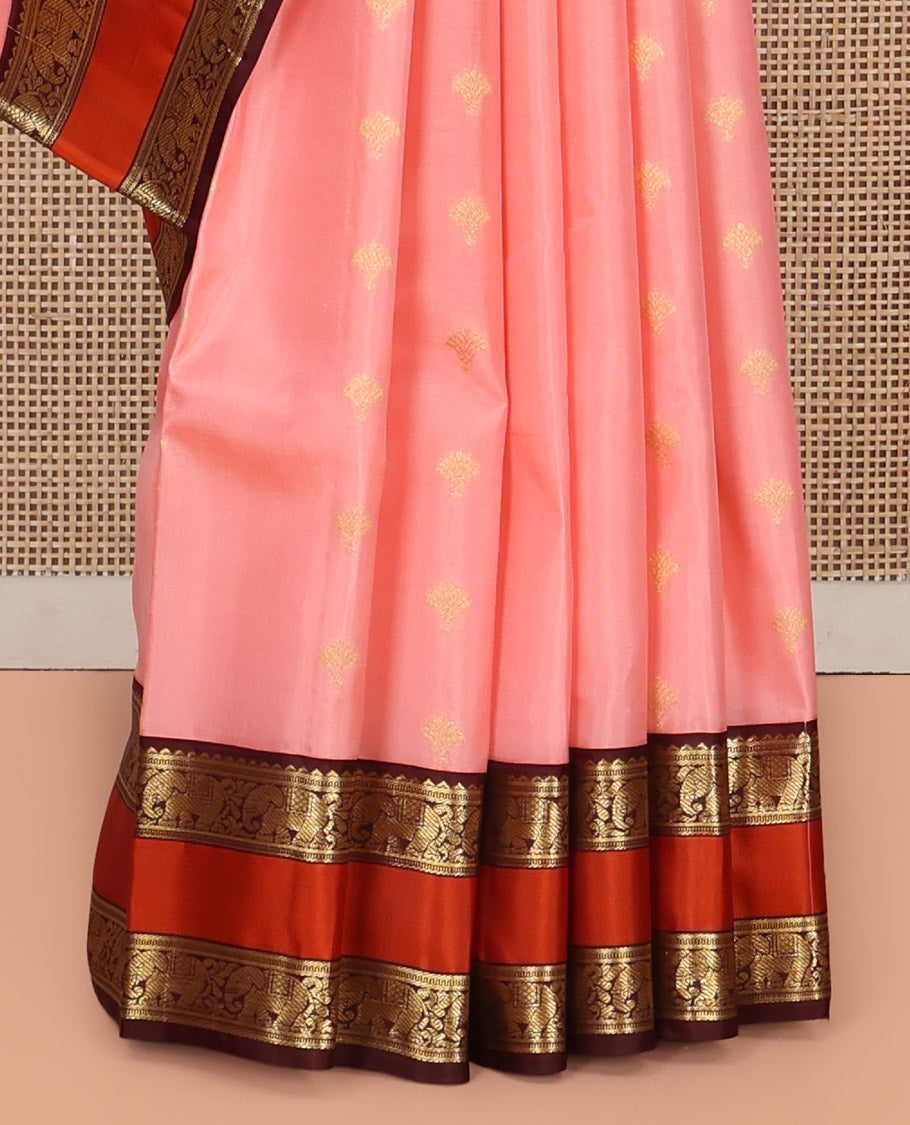 Pink Vasundhara Silk Saree, Sparsely Sparkled with Zari Buttas All Over Its Body, Complemented by a Contrast Rettai Pettu Border of Rekku, Muthu, and Yaanai Designs, Grand Geometric Pallu, and Paired with a Contrast Blouse