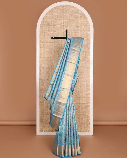 Blue floral jaal jacquard wedding silk saree, geometric patterned pallu & border of rekku,kodi lavangam,mayil kann & flower designs