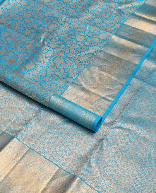 Blue floral jaal jacquard wedding silk saree, geometric patterned pallu & border of rekku,kodi lavangam,mayil kann & flower designs