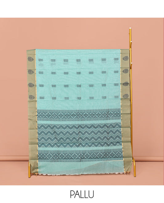 Blue Kanchi Cotton Saree, Woven with Buttas All Over Its Body, Complemented by Contrast Unique Motif Border, Pallu of Chevron Stripes, and Paired with a Matching Blouse