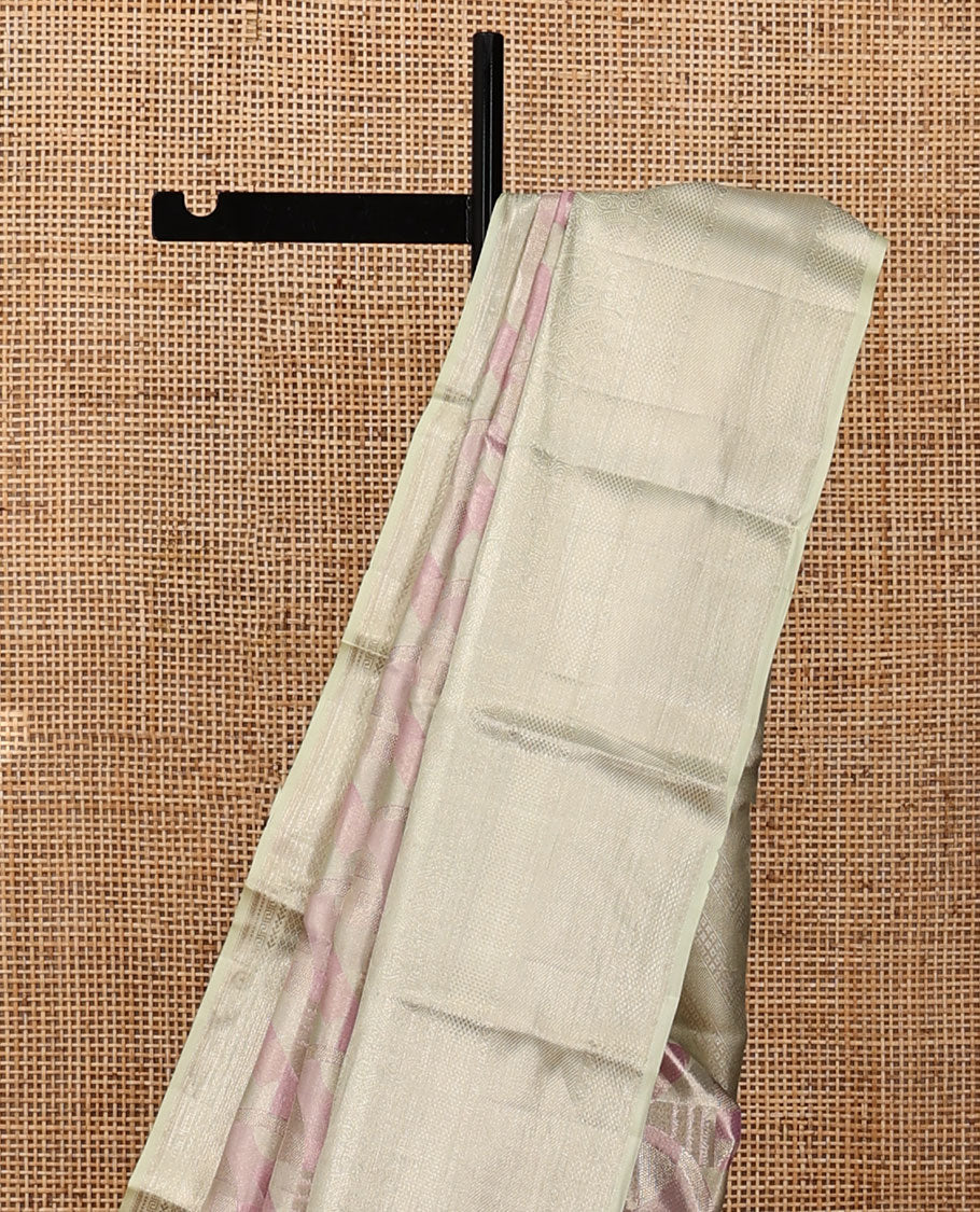 Pink Kanchipuram Tissue Silk Saree, Artfully Detailed with Jacquard, Complemented by Contrast Traditional Zari Border, Grand Pallu, and Contrast Blouse