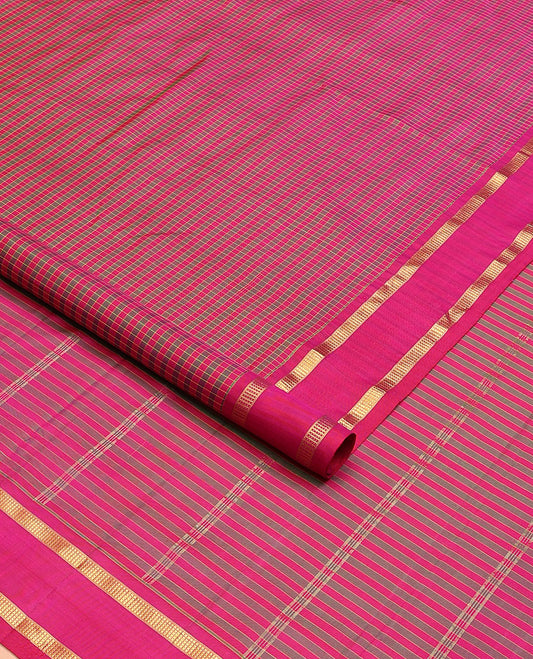 Multi-color checked silk saree, rettai pettu border of muthu kattam designs, and zari striped pallu