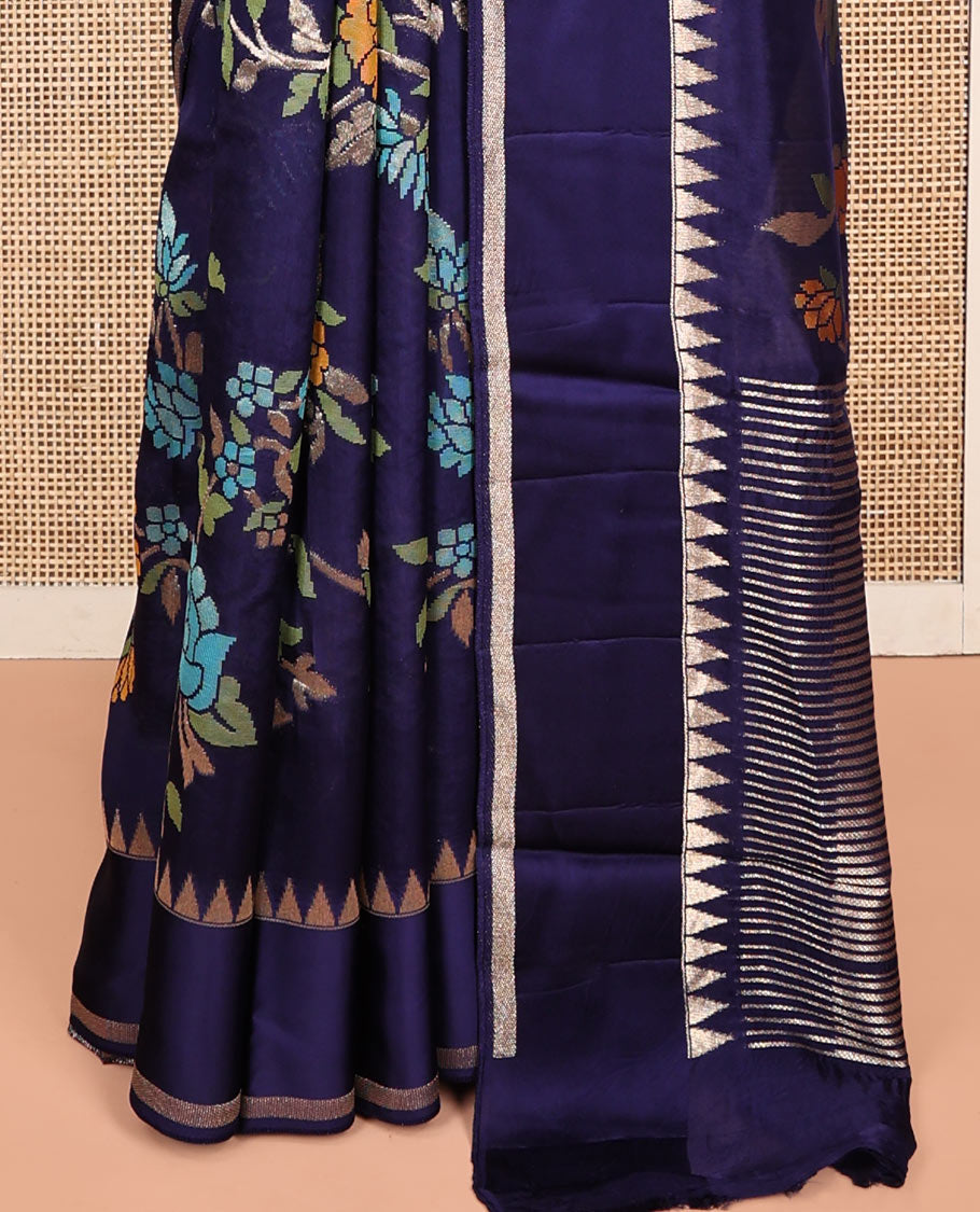 Blue Matka Silk Saree, Detailed with Meenakari Floral Vine All Over Its Body, Highlighted by Temple Rettai Pettu Border, Pallu of Stripes, and Paired with a Matching Blouse