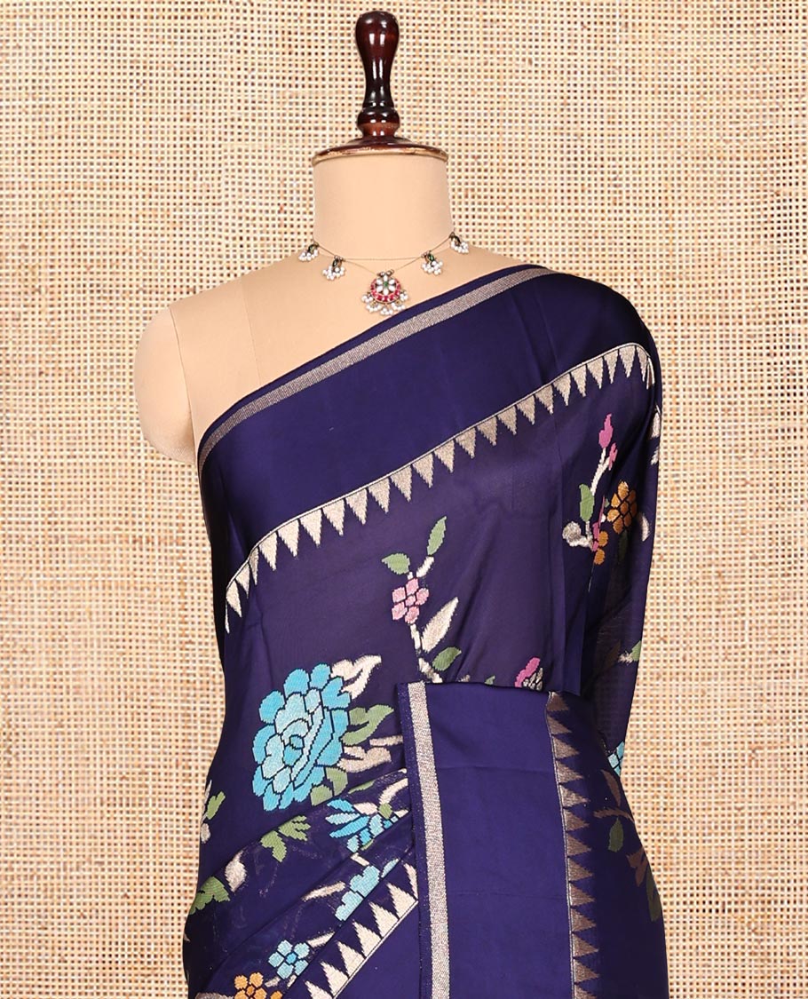 Blue Matka Silk Saree, Detailed with Meenakari Floral Vine All Over Its Body, Highlighted by Temple Rettai Pettu Border, Pallu of Stripes, and Paired with a Matching Blouse