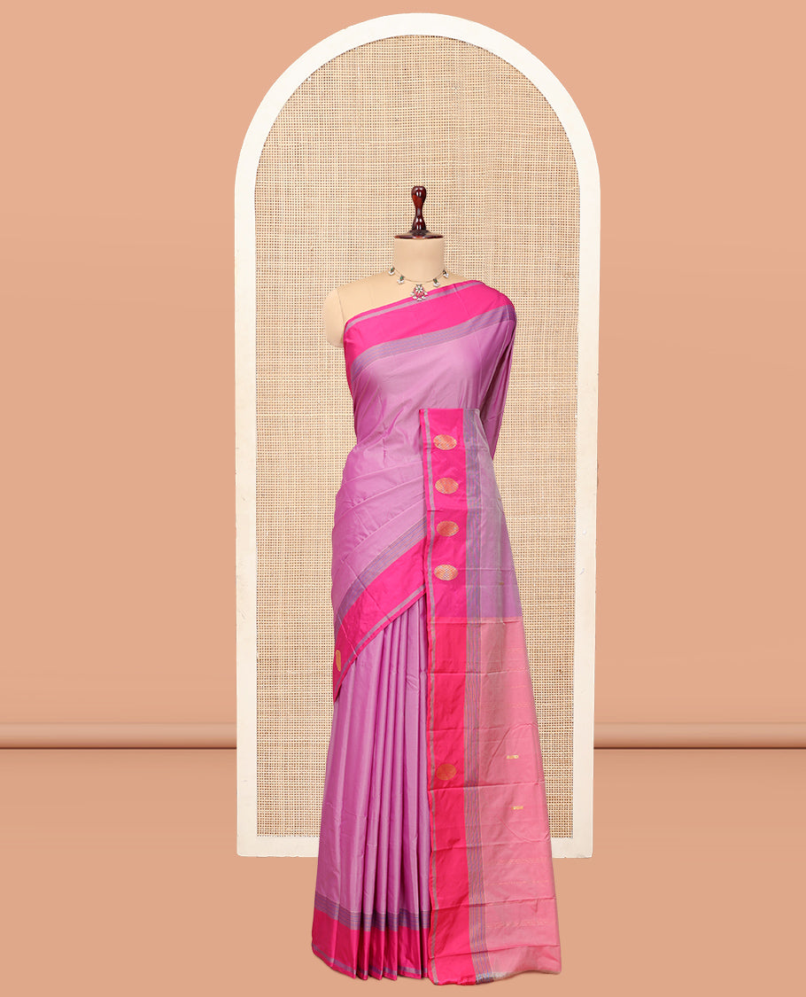Light Purple Plain Arani Saree, a Contrast Round Zari Butta Border, Zari Design Pallu, and a Matching Blouse