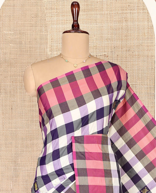 Multi-Color Aarani Gift Saree, Bedecked with Checked Design and Zari Buttas on Its Body, Complemented by a Contrast-Checked Border, Subtly Striped Pallu, and Paired with a Matching Blouse