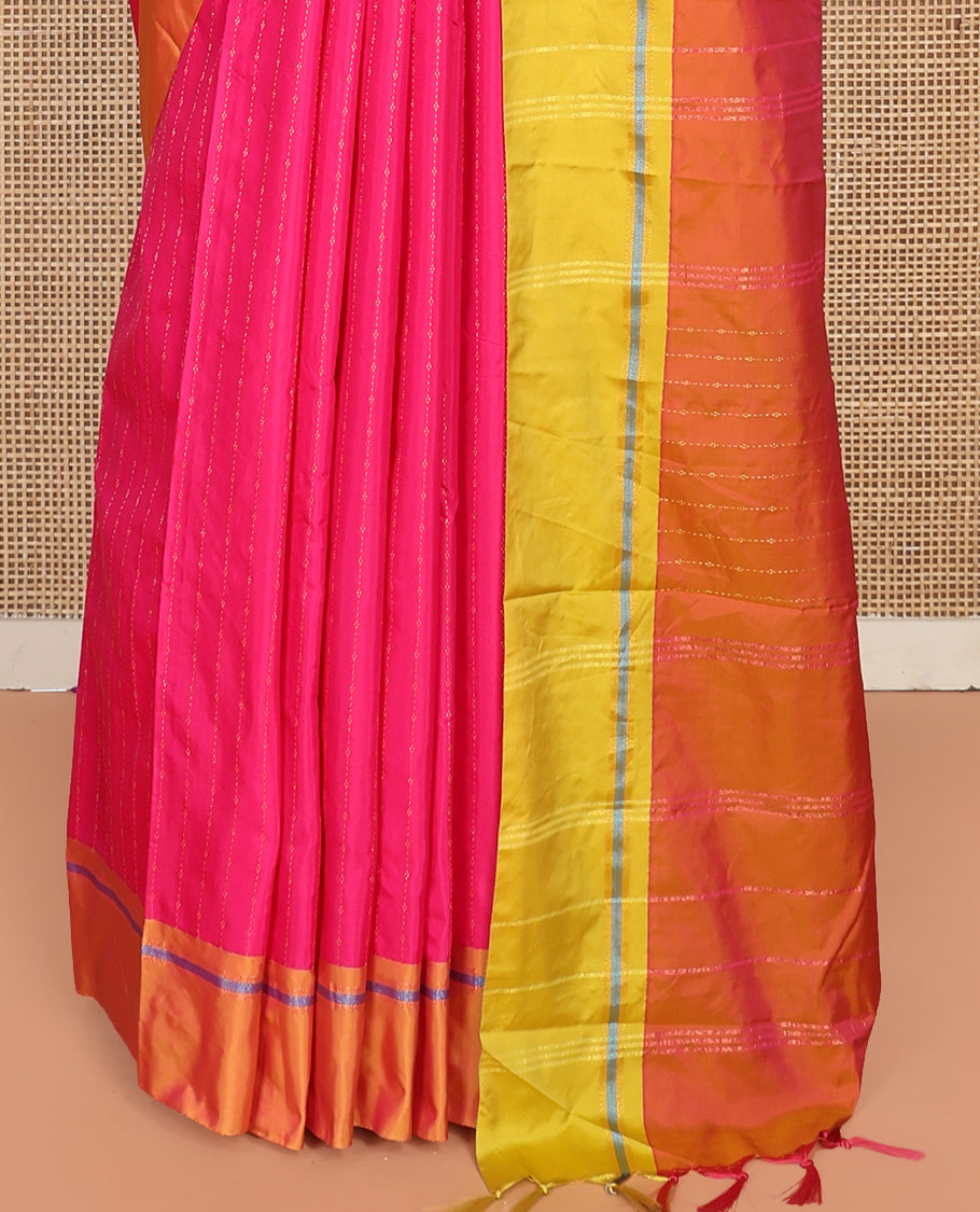 Pink Aarani Silk Saree, Dazzled with Zig-Zag Stripes All Over Its Body, Complemented by a Contrast Border, Pallu of Stripes, and Paired with a Contrast Blouse