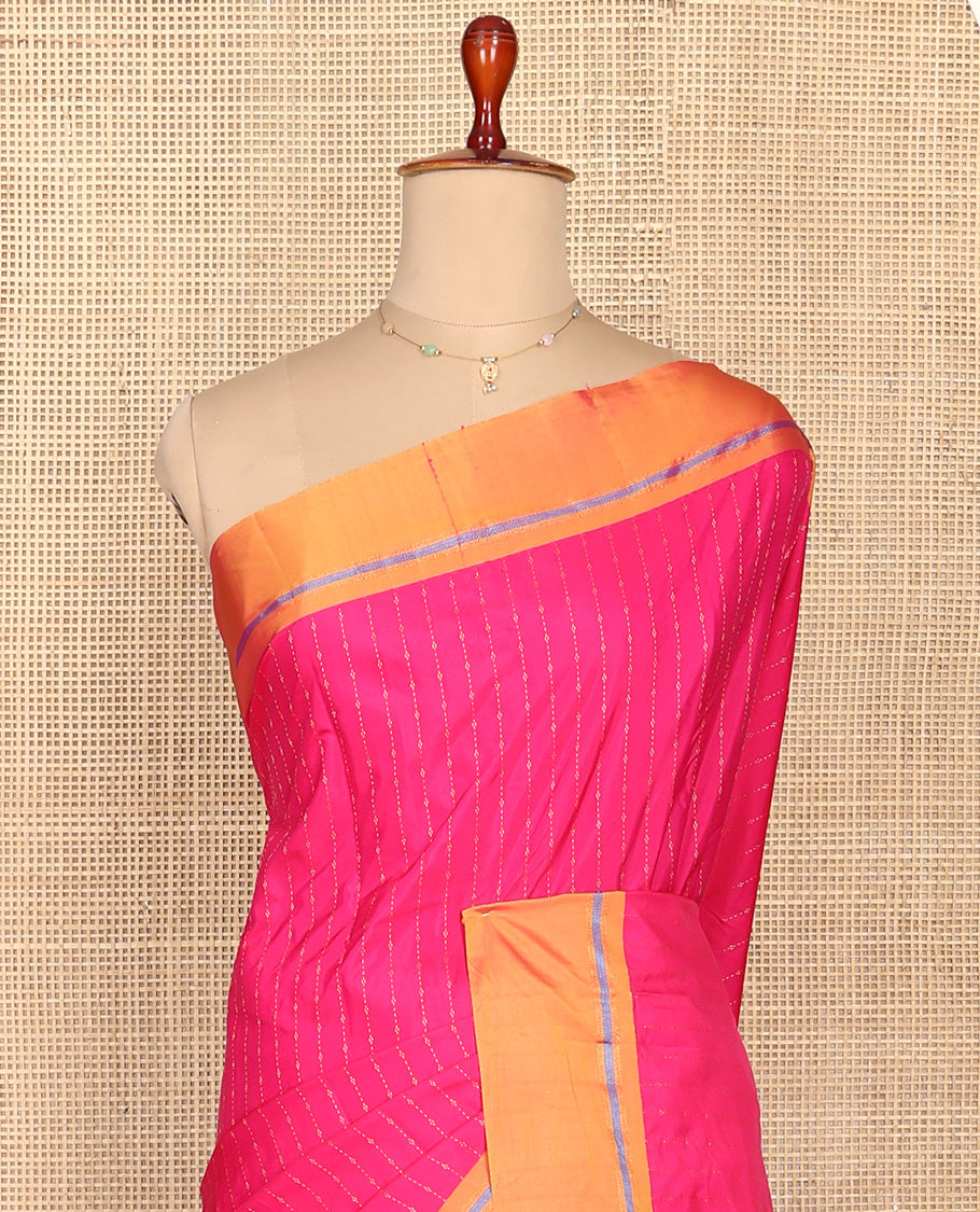 Pink Aarani Silk Saree, Dazzled with Zig-Zag Stripes All Over Its Body, Complemented by a Contrast Border, Pallu of Stripes, and Paired with a Contrast Blouse