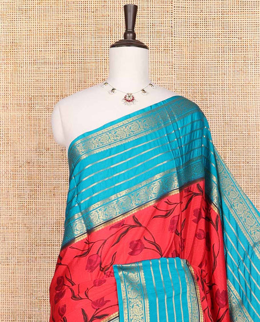 Red floral design mysore silk saree with contrast intricate zari design border & striped pallu