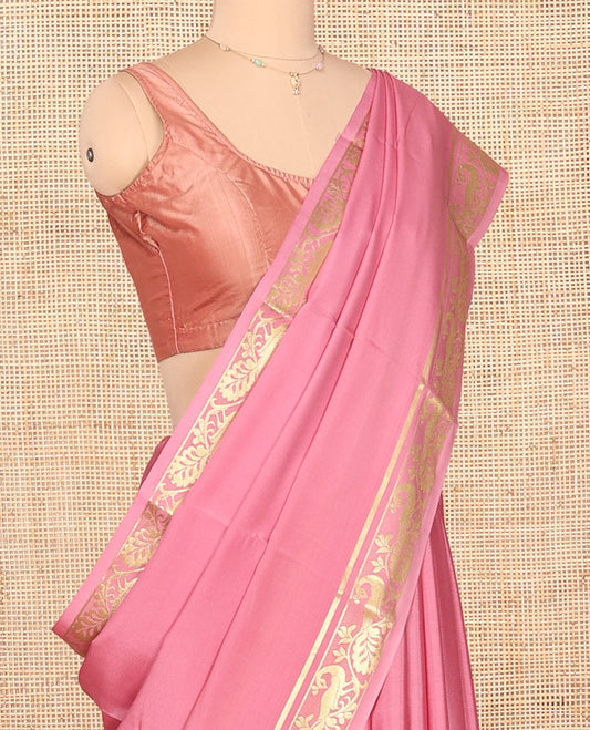 Pink Plain Mysore Silk Saree, Highlighted by a Traditional Zari Border of Peacock Designs, Pallu Woven with Zari Stripes, and Paired with a Matching Blouse