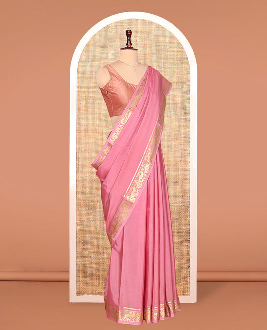 Pink Plain Mysore Silk Saree, Highlighted by a Traditional Zari Border of Peacock Designs, Pallu Woven with Zari Stripes, and Paired with a Matching Blouse