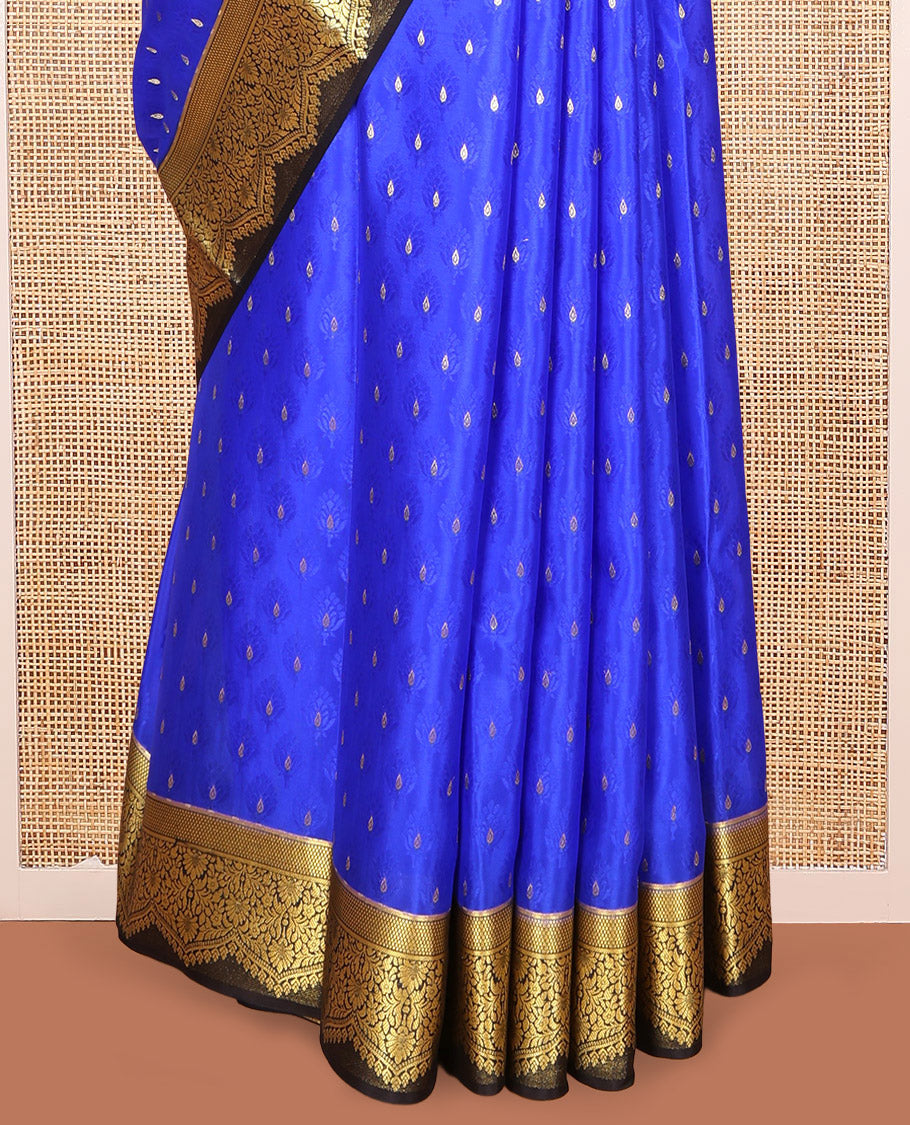 Royal Blue Mysore Silk Saree, Steeped with Zari Buttas, Complemented by a Contrast Traditional Zari Border, Pallu of Floral Jaal Design, and a Contrast Blouse