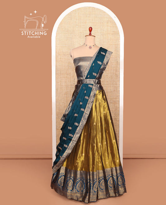 Gold-blue zari buttas half-saree with contrast intricate motifs woven bordered skirt, brocade blouse, and a zari design dhavani