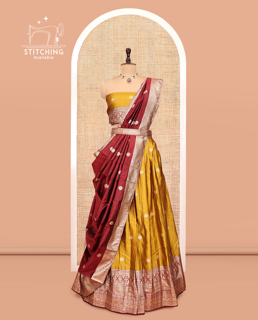 Mustard Banarasi Half-Saree, Adorned with Zari Buttas, a Contrast Traditional Zari Border, a Matching Blouse, and a Contrast Dhavani