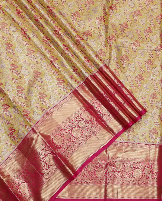 Yellow Art Silk Material Half-Saree Set, Dedicatedly Woven with Leaf Jacquard Design On Its Skirt, Complemented by Captivating Contrast Traditional Zari Designs Woven Border, Paired with a Contrast Blouse and Comes with a Floral design Woven Dhavani