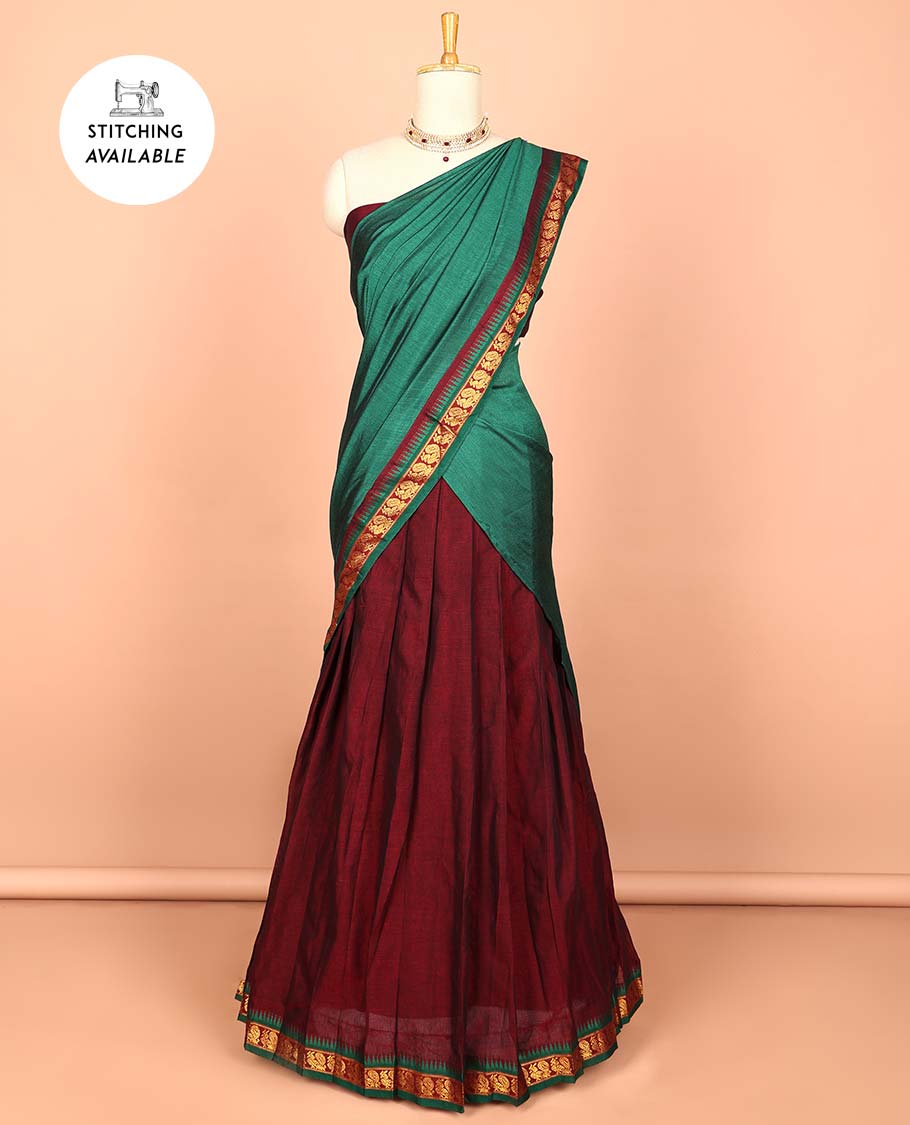 Blue cotton half saree with contrast zari border, plain blouse & plain with peacock zari border dhavani