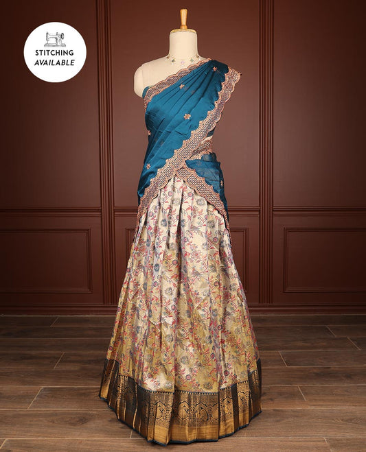 Cream floral vine design half saree with contrast zari design border, zari design blouse & blue floral embroidery scallop border dhavani