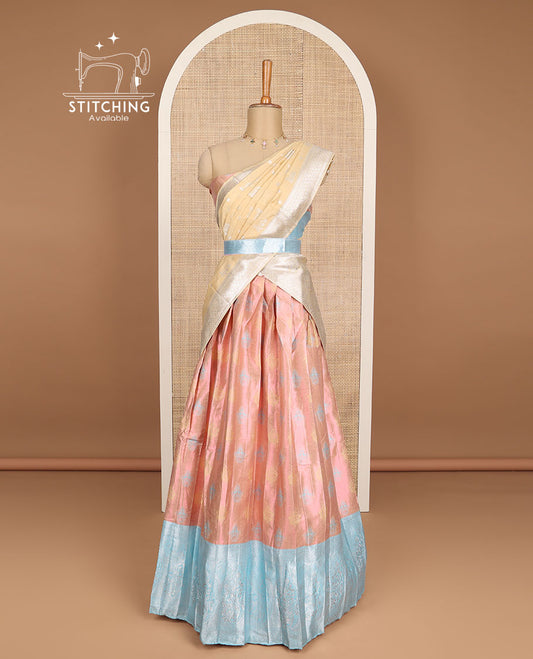 Peach floral design half saree with contrast zari design border , zari design blouse & floral zari design dhavani