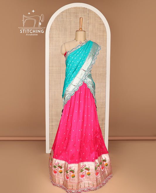 Pink buttas banaras half saree with contrast animal design border, zari design blouse & floral design dhavani