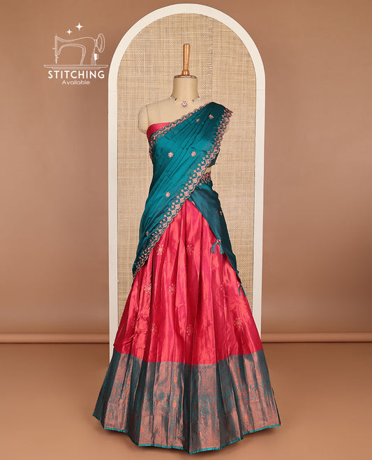 Red floral embroidery art silk half saree with contrast intricate zari design border, zari design blouse & floral embroidery scallop border dhavani