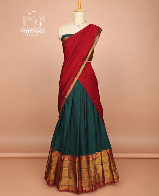 Dark green cotton half saree with contrast intricate zari design border, zari design blouse & plain, zari border dhavani