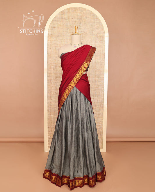 Grey half saree with contrast elephant design borde, zari design blouse & plain, elephant design border dhavani