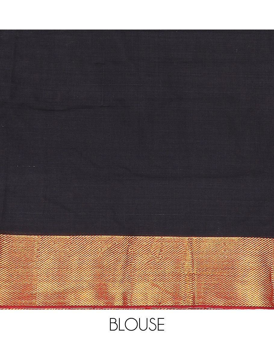 Black cotton half-saree, plain with zari bordered skirt, matching blouse, and a contrast zari bordered dhavani