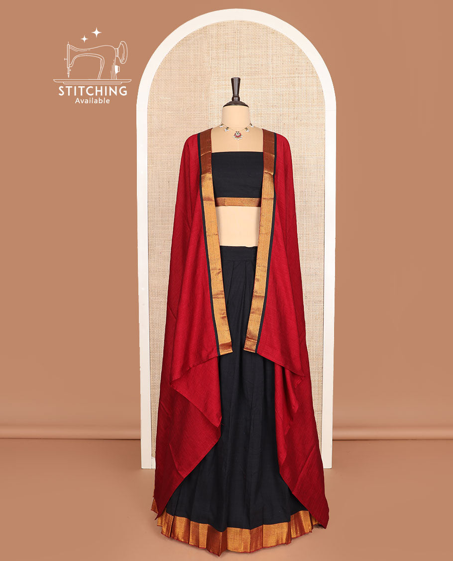 Black cotton half-saree, plain with zari bordered skirt, matching blouse, and a contrast zari bordered dhavani
