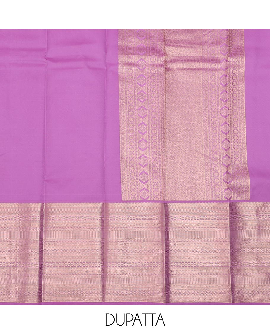 Yellow jacquard pure-mix half saree,contrast zari design dhavani & border of muthu,kuyil kann,neli kathir,kamalam leaf,diamond