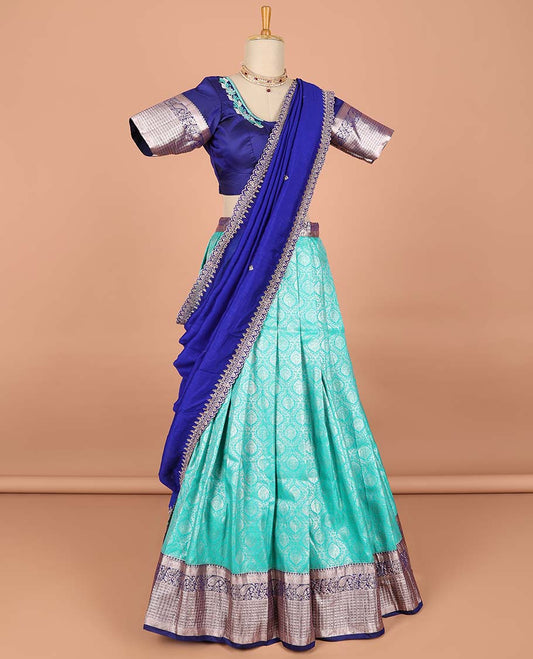 Green ogee jacquard semi-stitched half saree with contrast zari border,  embroidered blouse & scallop border dhavani