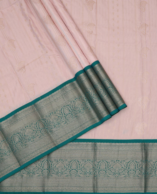 Baby pink art silk pavadai material set, zari design pavadai, contrast blouse & traditional zari border