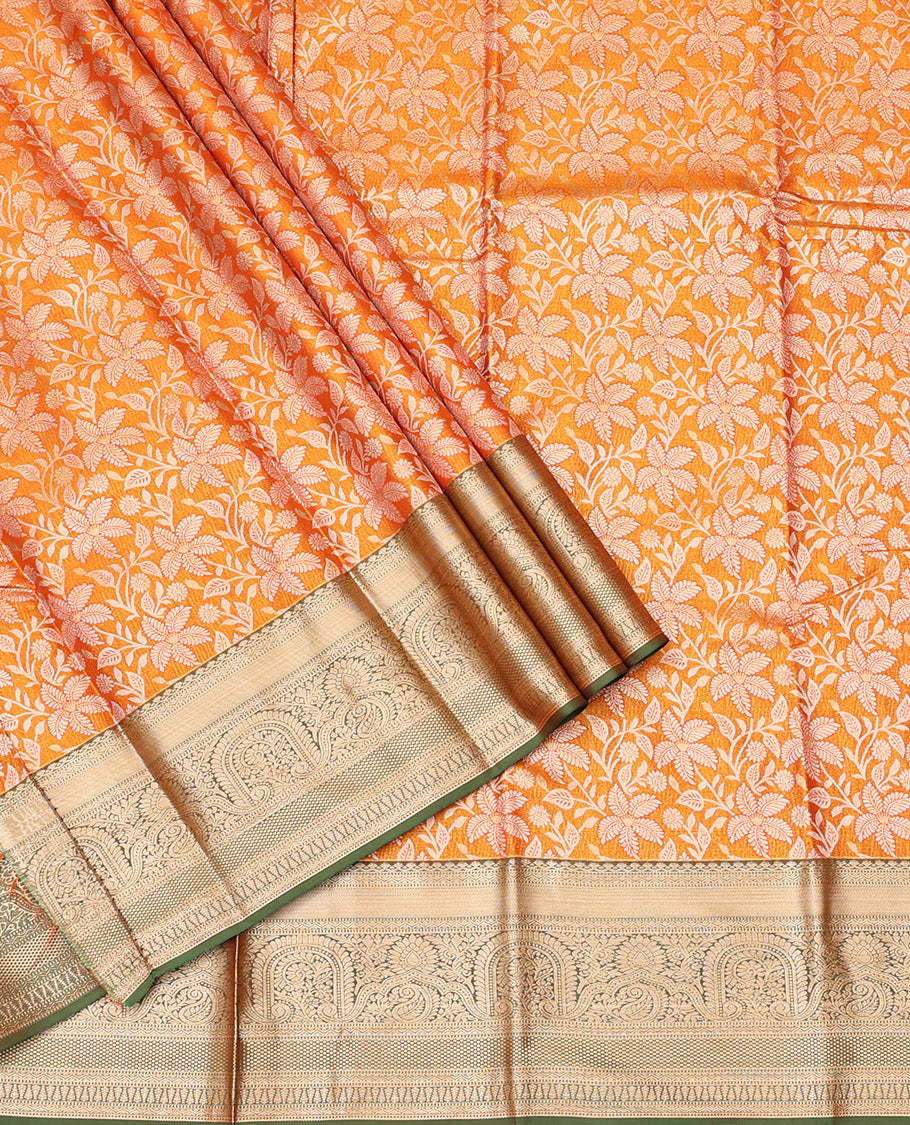 Orange Art Silk Half-Saree, Enriched with Leaf Jacquard Design, Contrast Traditional Zari Border, and Paired with a Matching Blouse