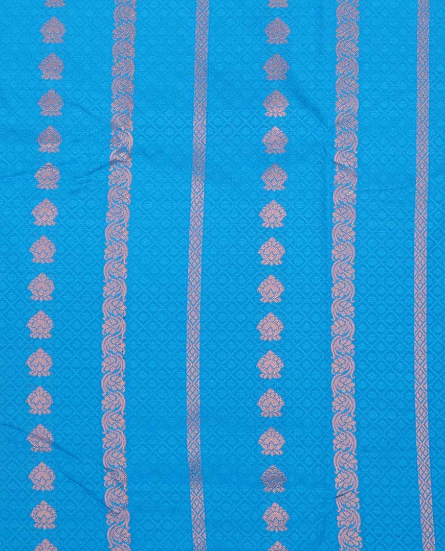 Blue floral design art silk pavadai material with contrast floral zari design border & zari design blouse