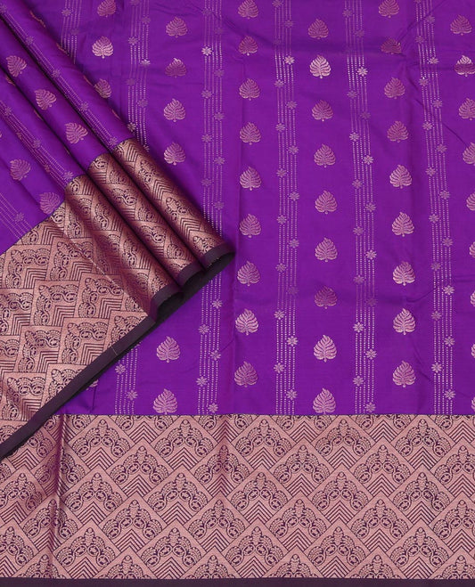 Purple Art Silk Pavadai Material Set, Featuring Leaf Zari Buttas  All Over the Skirt, Complemented by a Contrast Jaal Patterned Zari Design Border, and Paired with a Contrast Blouse
