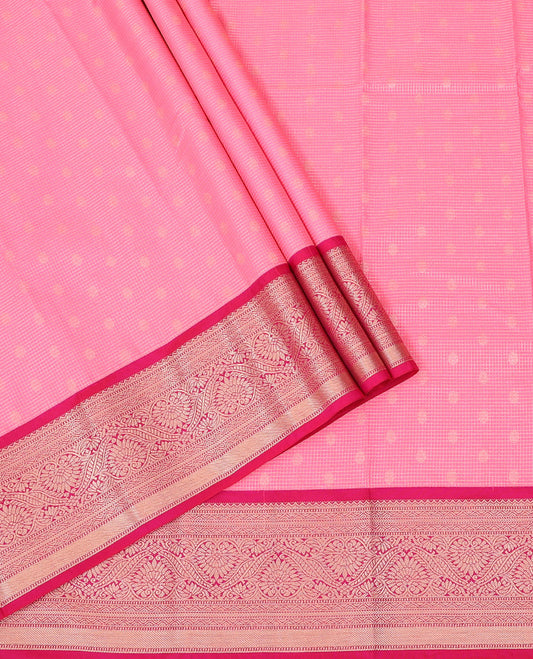 Pink Art Silk Pavadai Material Set Sparkled with Zari Buttas and Zari Checks Skirt, Complemented by a Contrast Traditional Zari Design Border, and Paired with a Contrast Blouse
