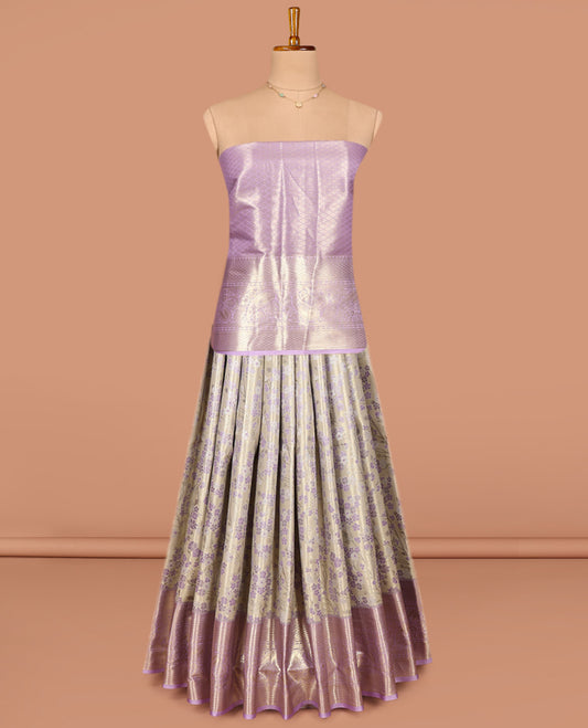 Light Grey Art Silk Pavadai Material Set, Beautified with Jacquard on Its Skirt, Complemented by a Contrast Traditional Zari Designs Border, and Paired with a Contrast Jacquard Blouse