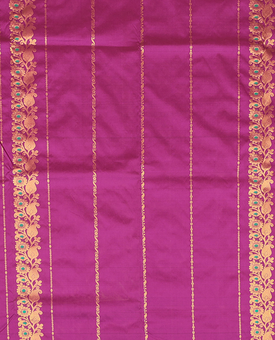 Purple Art Silk Pavadai Material Set, Embellished with Zari Designs on Its Skirt, Complemented by a Contrast Paisley-Floral Zari Border, and a Matching Blouse