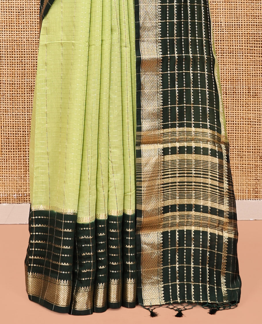 Pista Green Assam Silk Saree, Charmingly Accented with Zari Checks, Complemented by a Contrast Traditional Zari Border, Striped Pallu, and a Contrast Blouse