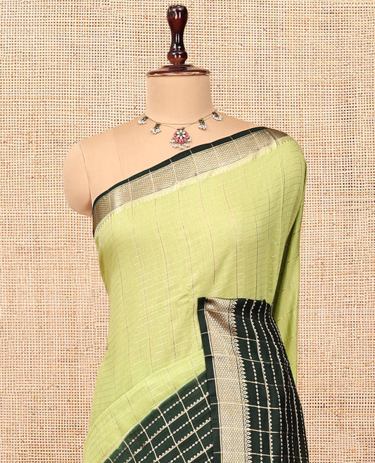Pista Green Assam Silk Saree, Charmingly Accented with Zari Checks, Complemented by a Contrast Traditional Zari Border, Striped Pallu, and a Contrast Blouse