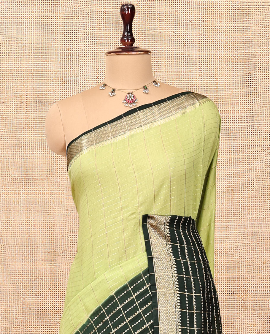 Pista Green Assam Silk Saree, Charmingly Accented with Zari Checks, Complemented by a Contrast Traditional Zari Border, Striped Pallu, and a Contrast Blouse