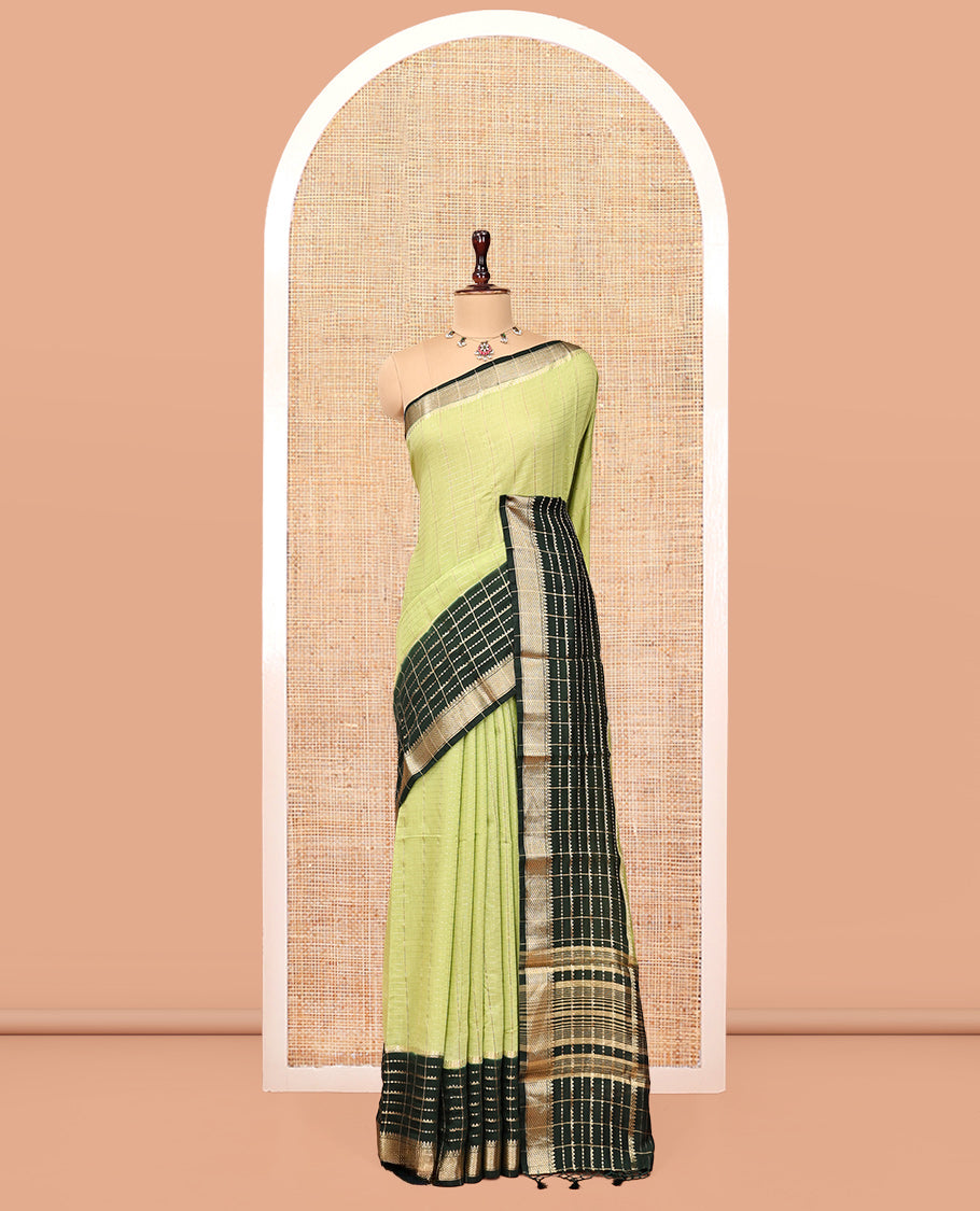 Pista Green Assam Silk Saree, Charmingly Accented with Zari Checks, Complemented by a Contrast Traditional Zari Border, Striped Pallu, and a Contrast Blouse